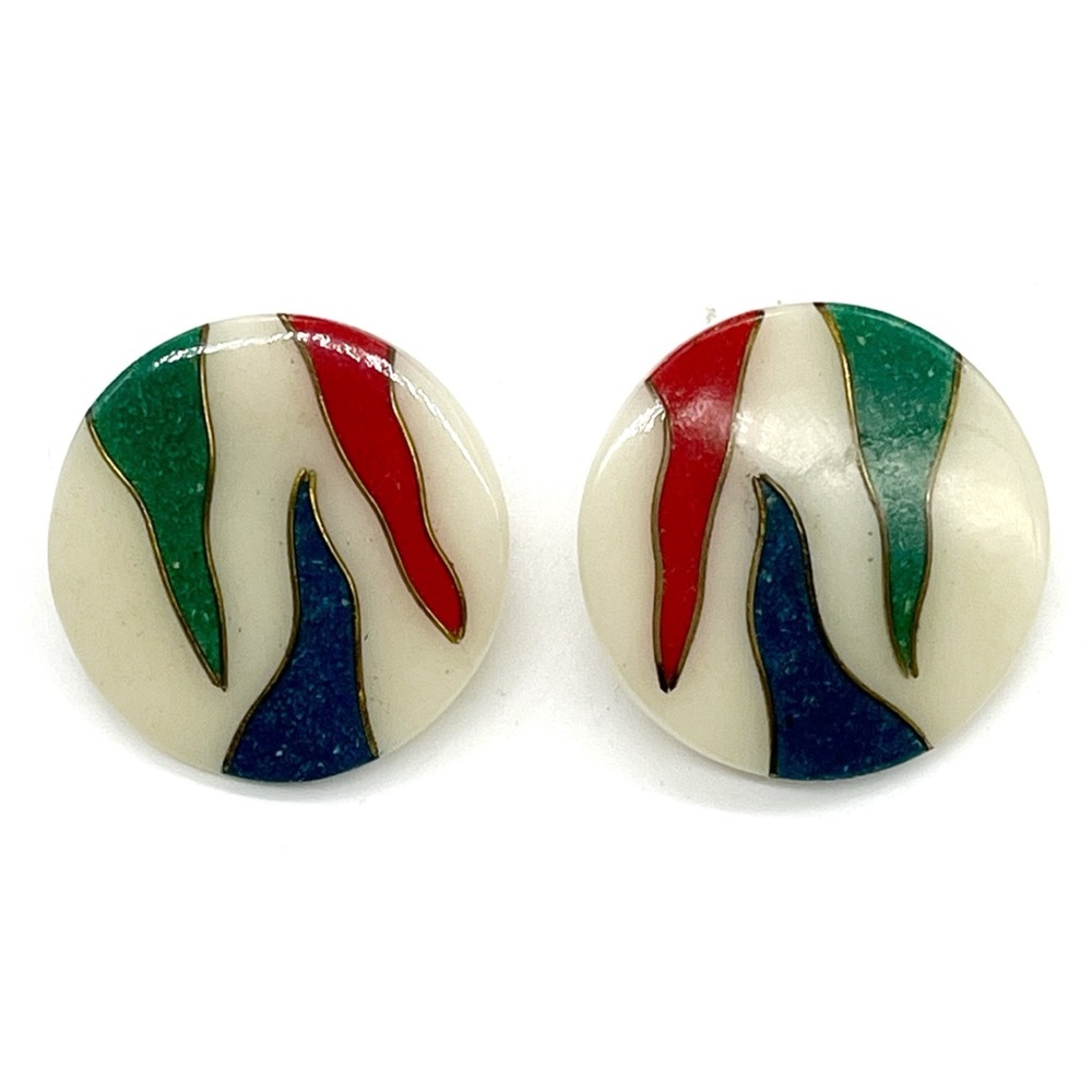 Vintage 80s 90s Stud Earrings Multicolor Disk Plastic Funky Retro